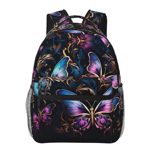 CHRYSM Rucksack für Mädchen, Jungen, Teenager, Schultasche, Büchertasche, Libelle mit rosa Blumen, Tagesrucksack für High School, Uni, Reisen, Arbeit, Dunkle drei Schmetterlinge, Einheitsgröße