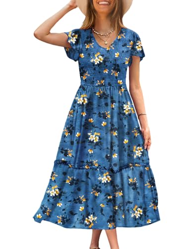 Image of YESNO Women Summer Boho Floral Casual Dresses V Neck Ruffle Cap Sleeve Smocked Midi Dress with Pockets EVA