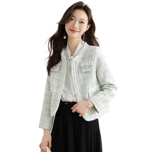 Manteau en tweed femme veste longue bleu ciel chic col rond manches longues mode