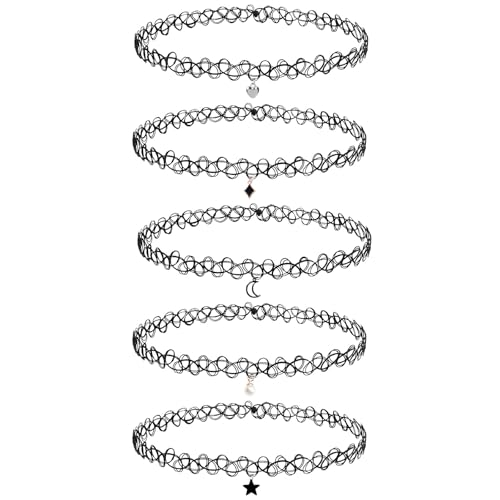 Embhlitfe 5 Pcs Black Choker Necklace,Elastic Stretchable Choker Necklaces for Women,90s Gothic Tattoo Lace Choker for Teen Girls Women