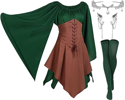Image of 4 Pcs Women Elf Costume Renaissance Traditional Irish Dress Fairy Costume Elf Ear Cuffs for Women Halloween Cosplay Party
