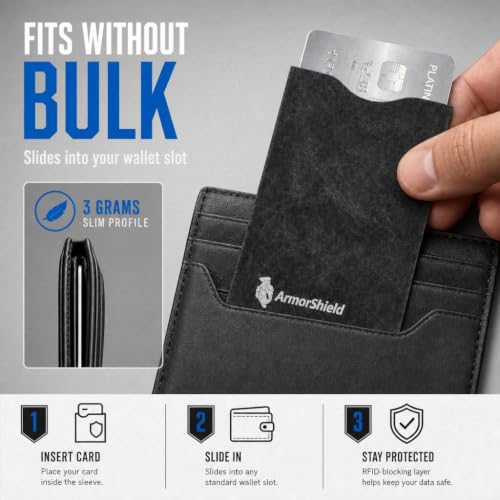 Image of ArmorShield RFID Blocking Sleeves for Credit Cards, 20-Pack Black, USA Made | Blocks unauthorized RFID scans. Slim, waterproof, tearproof. 100% Made in USA.