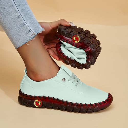 Women's Leather Soft Bottom Flat Shoes Casual Round Toe Wide Width Walking Sneakers Hollow Breathable Slip-On Loafers2