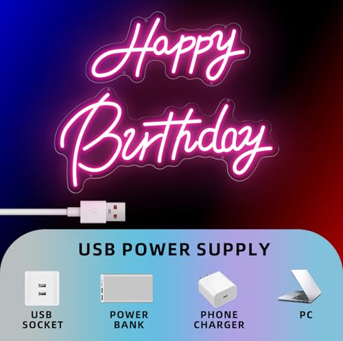 Image of Happy Birthday Neon Sign, Pink LED Neon Light Up Sign for Party Backdrop,Bedroom,Reunion,birthday 22x16.9 Inch