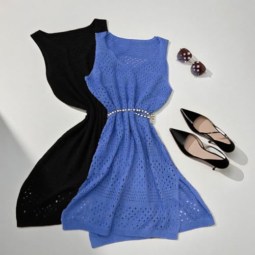 Women's Sleeveless Swimsuit Cover-up Crochet Woven Beach Vest Dress Hollow Slit Summer Dress4