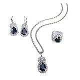alliage EJY 3Pcs Tempérament Goutte d\'eau Cristal Micro-Incrusté Strass Collier Boucle d\'oreille Doigt Bague Ensemble(Noir)