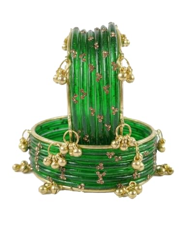 Image of NMII Viral Multi Colour Glass Bangles with Golden Ghungroo Charms & Stone Work For Women & Girls | Fancy Designer Glass Bangle | Traditional Chudi | Kanch Ki Churi | Stylish Ghungroo Bangle For Women