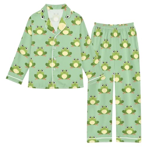 Reiacy Girl Satin Pajamas Set, Cute Frogs Girls Kids Long Sleeve Button-Down Shirts & Pants Sleepwear Pjs 5-6 Yrs