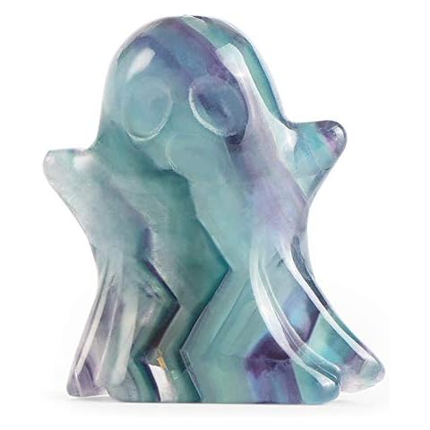 Artistone Rainbow Fluorite Crystal Ghost Figurine Hand Carved Gemstone Ghost Ornament Statue Halloween Decorations Carnival Party Haunted House Mantel Home Decor Cover