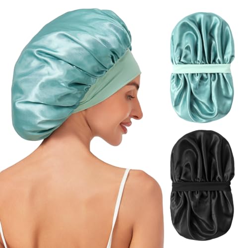 2PCS Double Layer Silk Bonnet for Sleeping Women, Satin Bonnet for Sleeping with Soft Elastic Band, Silk Hair Bonnets for Women Curly Hair