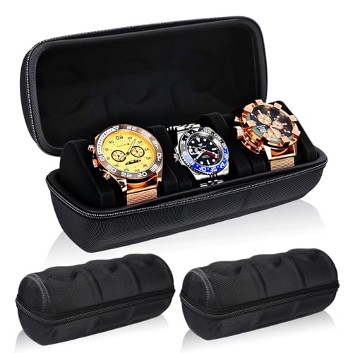 Image of Abbylike 3 pcs 3 Slot Hard Watch Travel Case Watch Roll Travel Holder Portable Watches Organizer for Men Woman with Anti Move Pillow