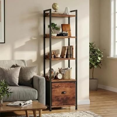 5-Tier Bookshelf with Drawer, 55" Tall Display Rack with Open Shelves, Rustic Brown Free Standing Bookcase for Living Room Office, Industrial Large Bookcase for Home & Office