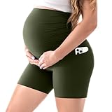 Walifrey Women's Maternity Shorts with Pockets Over The Belly,Pregnancy Yoga Pants Activewear Biker Shorts Casual Army Green L