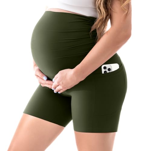 Walifrey Women's Maternity Shorts with Pockets Over The Belly,Pregnancy Yoga Pants Activewear Biker Shorts Casual Army Green L
