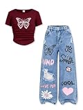 LKALPSQ Girls Outfits Teen Girls Clothes Butterfly Graphic Crop Short Sleeve T Shirts & Ripped Print Wide Leg...