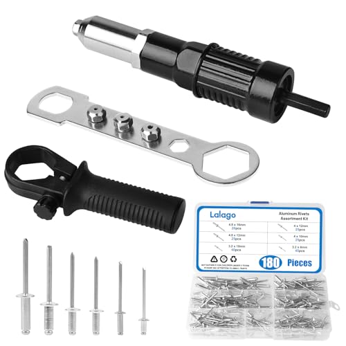 LALAGO Nietenzangen mit 180pcs Blindnieten, Nietaufsatz für Bohrmaschine Akkuschrauber, Elektrischer Blindnietadapter Nietadapter Adapter Kit mit 6 Größen Pop Nieten