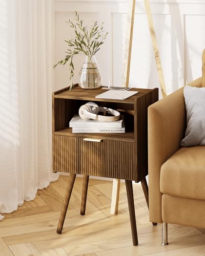 Image of JOONEE Nightstand with Outlet,Modern Bedside Table with Storage Drawer and Open Wood Shelf, for Living Room, Bedroom and Small Spaces, Accent Night Stand with Solid Wood Legs, Easy Assembly,Brown