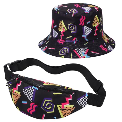 2 Pcs 80s 90s Fanny Pack Bucket Hat Waist Bag 80s 90s Outfit Retro Summer Sports Party Fashion Accessories for Men Women (Black)