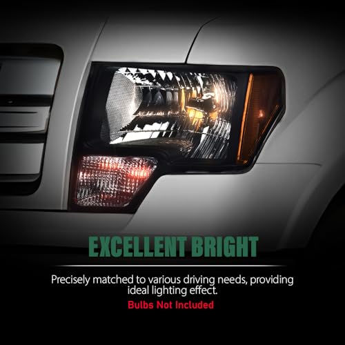 Image of GRAND ORANGE Headlights Assembly Compatible with 2009-2014 Ford F150 Driver & Passenger Side Headlamps Smoke Lens Black Housing Amber Reflector DL3Z13008A FO2502289