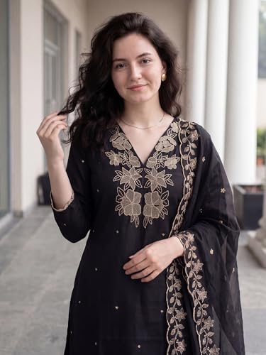 Image of INDO ERA Women's Silk Blend Floral Embroidered Thread Work Kurta & Pant with Dupatta Set (IEBBAI438)