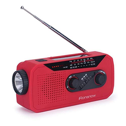 iRonsnow IS-366 Solar Emergency NOAA Weather Radio Hand Crank Windup WB/AM/FM Radios with Earphone Jack & Charge Indicator, 2000mAh Power Bank Phone Charger, Ultra Bright Flashlight for Camping (Red)