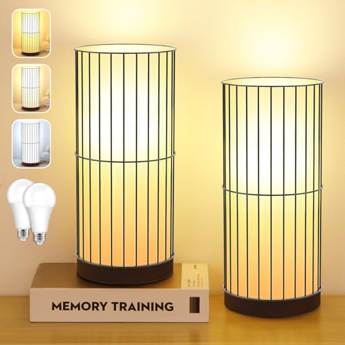 Small Table Lamps for Bedroom with 3 Color Temperatures LED Bulb, Bedside Lamps for Nightstand Kids Room, Black Desk Lamp with White Lampshade Wooden Base, Reading Lamp for Living Room, Dorm, 2 Packs