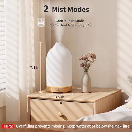 URPOWER 120ML Ceramic Essential Oil Diffuser Ultrasonic Aromatherapy Diffuser with Wood Grain Base, 7-Color LED Lights Auto Shut-Off, Humidifier for Home & Office, Air Diffuser for Relaxation - Thumbnail 2