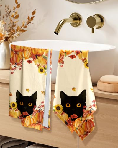 Image of Miss Adola 150GSM Flour Sack Kitchen Towels Set of 2, Cat in Pumpkins