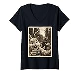Damen Vintage Kaninchen Bigfoot UFO Selfie Cryptid Fans Ostern T-Shirt mit V-Ausschnitt