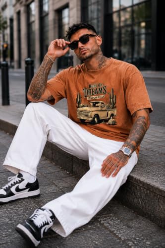Image of London Hills Men's Oversized t Shirt for Men Graphic T-Shirt | Acid Wash Printed Men T-Shirts | Tshirt for man Round Neck Half Sleeve Pure Cotton Casual Mens tees | Off Shoulder Tshirt Shirts man