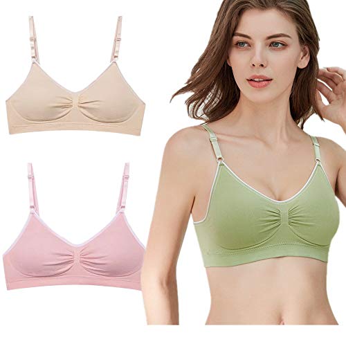 Women Girls Training Adjustbale Bras,Seamless Ruched Crop Bralette with Removable Pads 3Pack