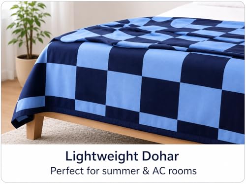Image of Single Bed Dohar Navy & Light Blue Checkered | Lightweight Summer Quilt | Cotton AC Blanket | Breathable All Season Comforter | Skin Friendly Bed Cover