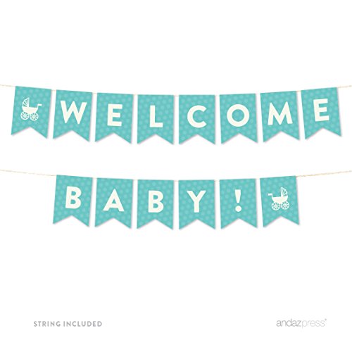 Andaz Press Baby & Co. Baby Shower Collection, Hanging Pennant Party Banner with String, Welcome Baby!, 5-Feet, 1-Set, Decor Paper Decorations