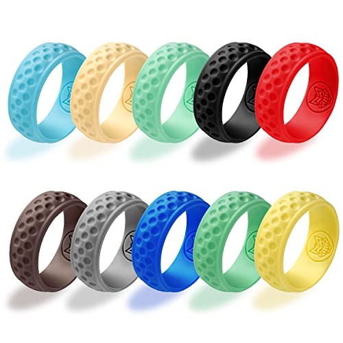 MAZEL Breathable Silicone Ring for Golf Men & Women Pack of 10 - Golf Ball Surface Design Rubber Wedding Ring with Inner Wolf Shape for Enhanced Breathability (7  Black Coffee Deep Blue Gray Light Green Morandi Green Red Skin Sky Blue Yellow)