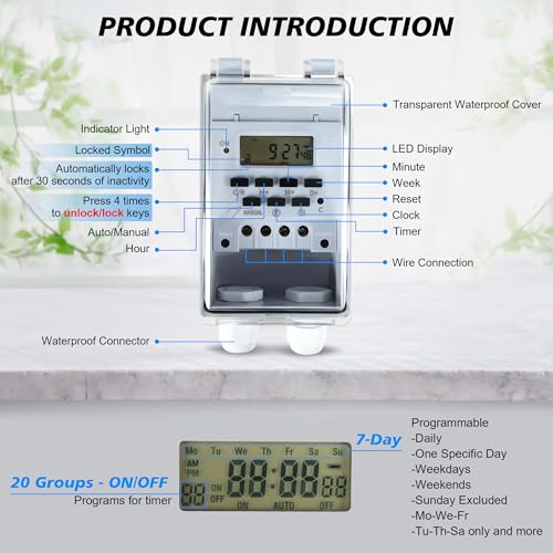 Goldlife Waterproof Programmable Timer Switch for Outdoor Indoor, Heavy Duty KG316T-F Digital Program Timer Controller 20 ON/Off Cycle 7-Day and 24-Hour 40A 110V, for Christmas/Light/Fountain Aerator - Thumbnail 3
