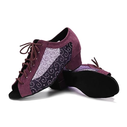 Women's Lace-up Ballroom Latin Dance Shoes Peep Toe Salsa Tango Dance Practice Shoes Low Heel4