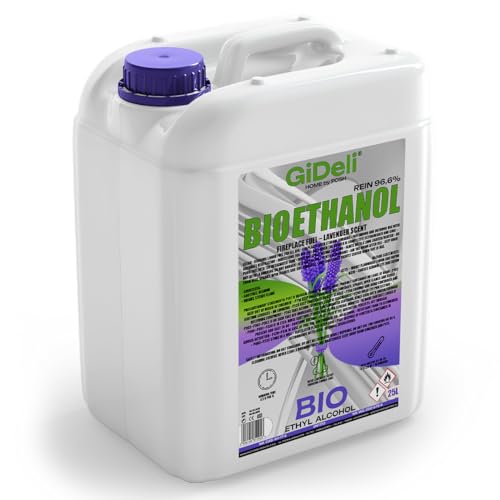 GiDeli Bioetanol 25 l de aroma de lavanda 96,6% etanol para chimeneas interiores y exteriores, sin humo ni hollín, de maíz y remolacha azucarera