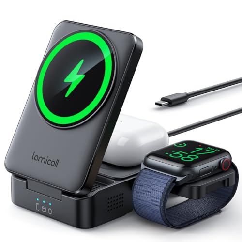 Lamicall 3 in 1 Charging Station for Apple - Foldable Wireless Charger Stand for Mag Safe Portable Travel Wireless Charger Station for Multiple Devices for iPhone 17 16 15 14 Apple Watch AirPods