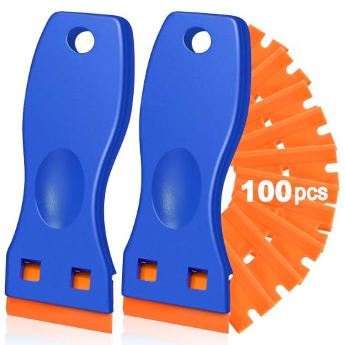 Image of 2PCS Plastic Scraper Cleaning Tool with 100 Replaceable Plastic Scraper Tips, Non-Metal Adhesive, Sticker and Label Remover for Glass, Windows, Car and Kitchen Surfaces