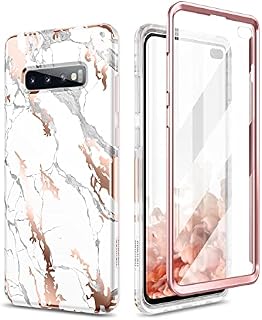 SURITCH Compatible with Samsung Galaxy S10 plus Case, [Built-in Screen Protector] Natural Marble Full-Body Protection Shockproof Rugged Bumper Protective Cover for Samsung Galaxy S10 plus Marble White