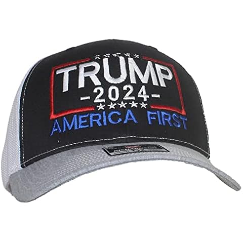 Tropic Hats Adult Embroidered Trump 2024 America First 6 Panel Trucker Cap - Black/White/Heather Gray Cover