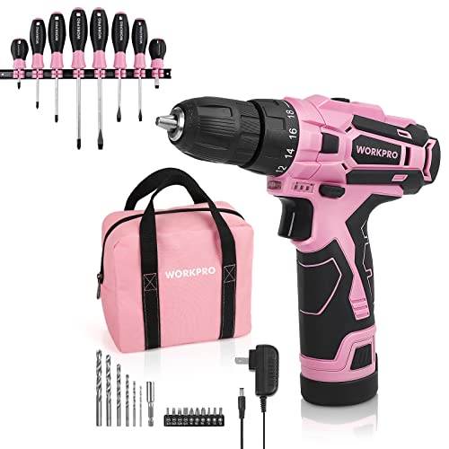 WORKPRO Pink Cordless Drill Driver & 8 PC Magnetic Screwdrivers Set, 12V Electric Screwdriver Driver Tool Kit for Women, 3/8