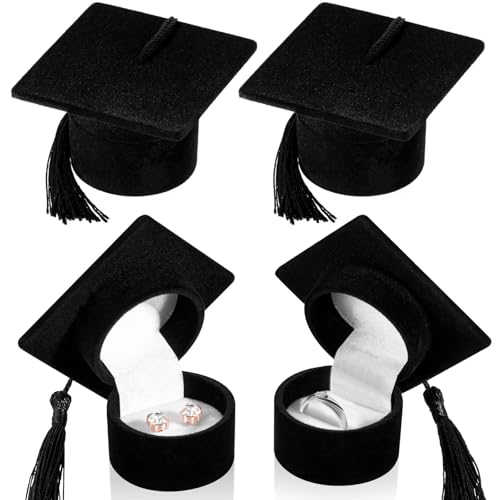 Henoyso 4 Pcs Graduation Hat Shaped Ring Box 2025 Graduation Gift Box Jewelry Case for Celebration Graduation Party Supplies(Black)
