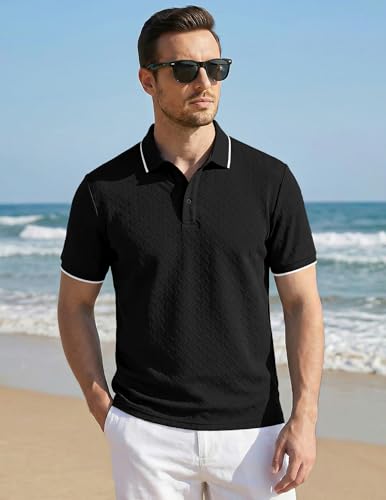 Image of JMIERR Mens Casual Polo Shirt Short Sleeve Vacation Button Summer Beach Knit Stretchy Golf Shirts