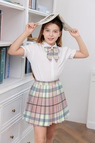 Image of Betusline Girls Skirt Set JK School Uniform 2-Piece Outfit - Short Sleeve Shirt with Bow & Pleated Skirt 4T-14Y