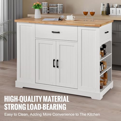 VEVOR Kitchen Island Cart, 46" Wood Top Breakfast Bar with Storage Cabinet, Farmhouse Kitchen Table with Adjustable Shelf, Drawer, for Dining Kitchen Living Room, White