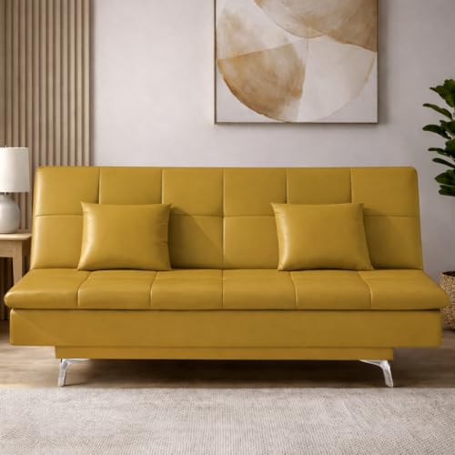 Image of Casaliving Danny 3 Seater Sofa Cum Bed Leatherette Fabric (Yellow) with Two Cushions Perfect for |Home Living |Office Room and Guest Room Premium Sofa