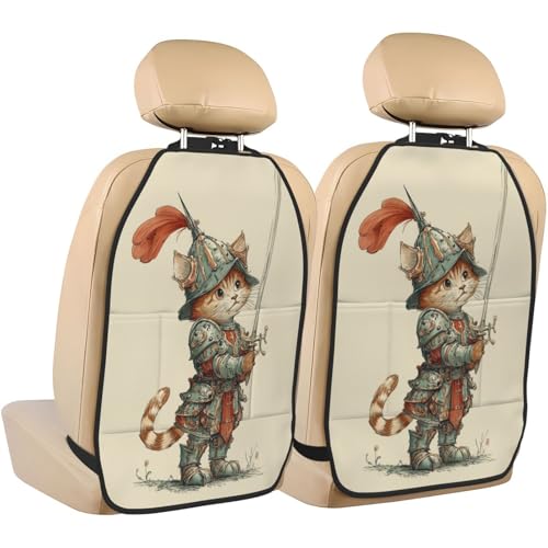 Funny Cartoon Cat In Armor Car Seat Back Kick Protectors,2 Pack Kick Mats With Storage Pockets For Vehicles To Protect From Dirt Mud Scratches