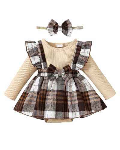 Image of HIGHUZZA Baby Girl Winter Clothes Toddler Girl Spring Outfit Long Sleeve Ruffle Romper Suspender Skirt Headband Set