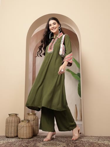 Image of Stylum Women's Solid & Embroidered Rayon A-Line Kurta Pant Set